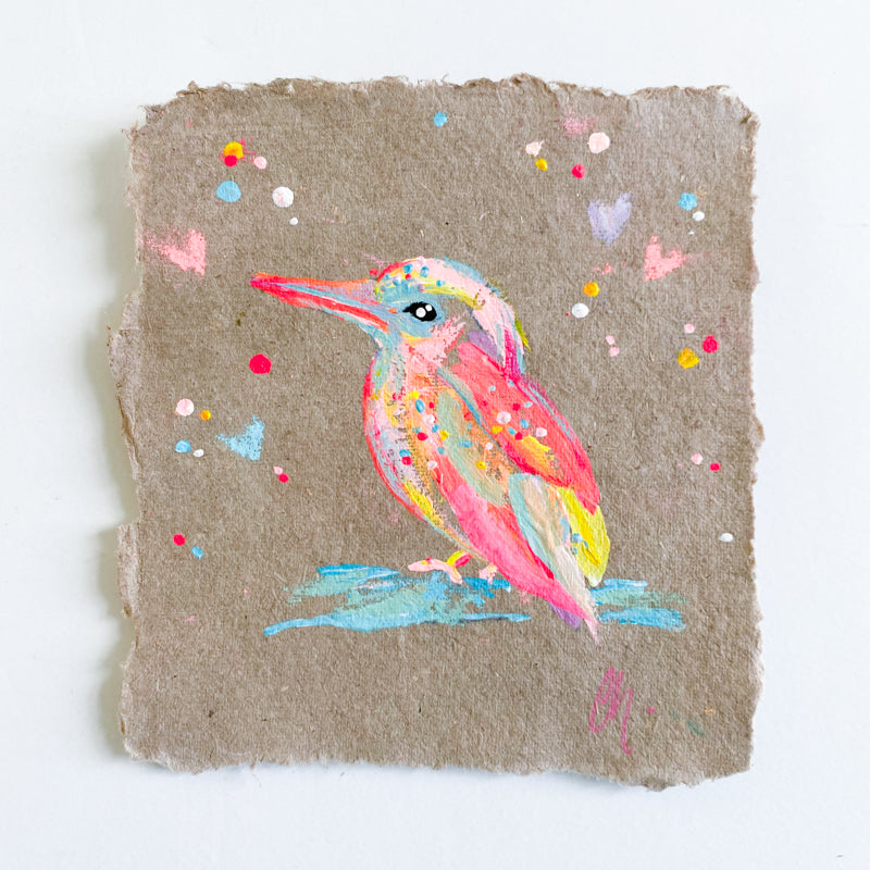 Small Vibrant Kingfisher 4 Painting on Handmade Paper