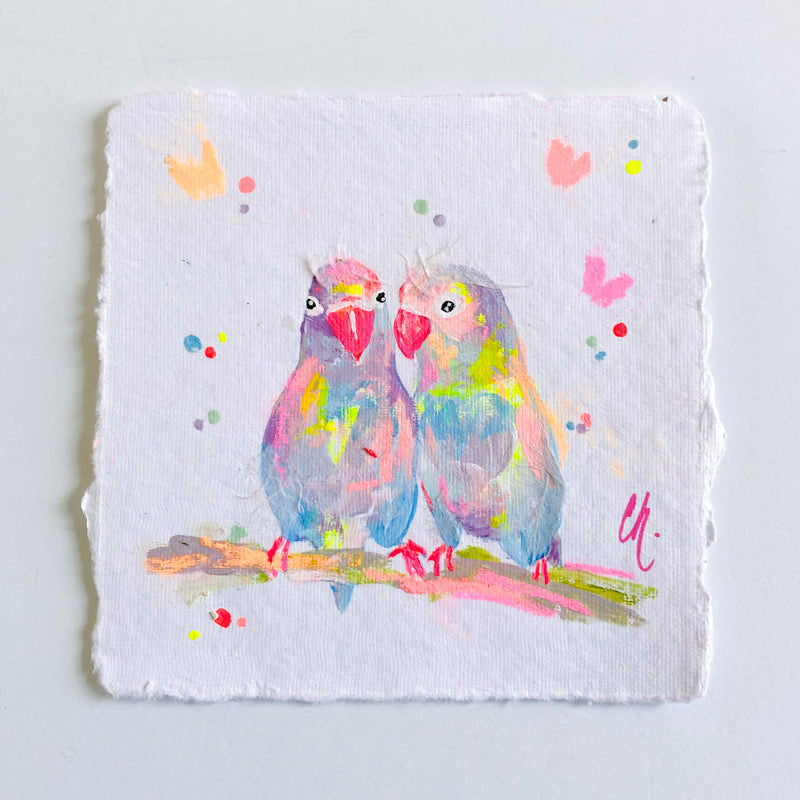 Small Vibrant Lovebirds 3 Painting on Handmade Paper