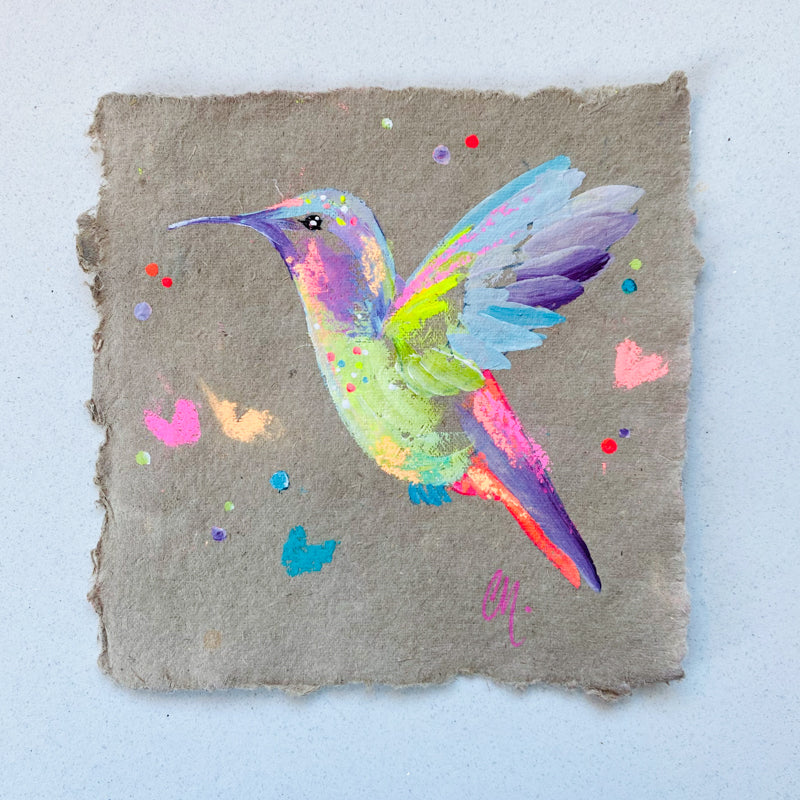 Small Vibrant Hummingbird 2 Painting on Handmade Paper