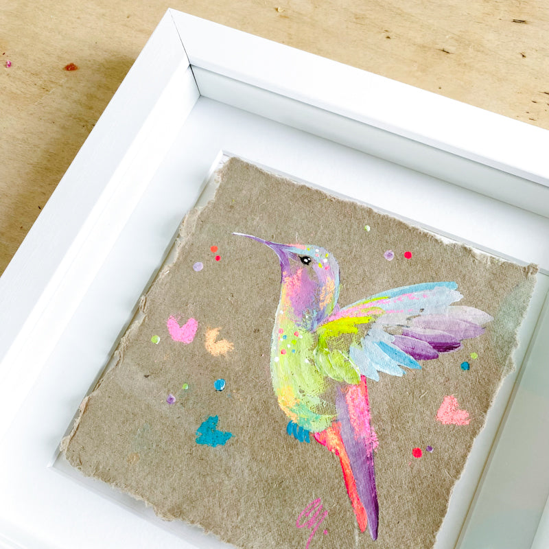 Small Vibrant Hummingbird 2 Painting on Handmade Paper