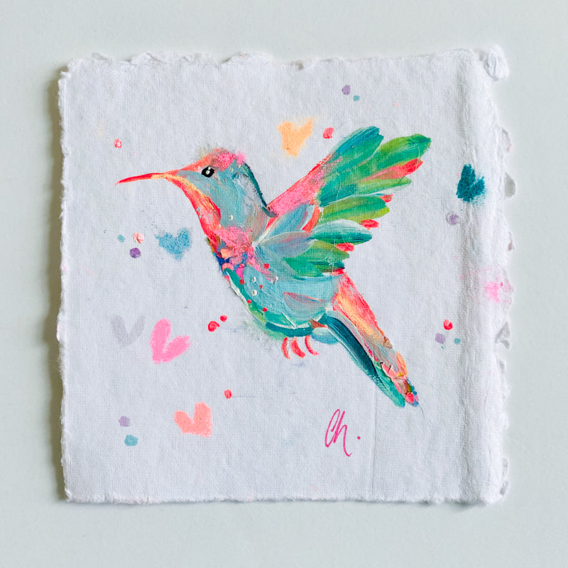 Small Vibrant Hummingbird 1 Painting on Handmade Paper