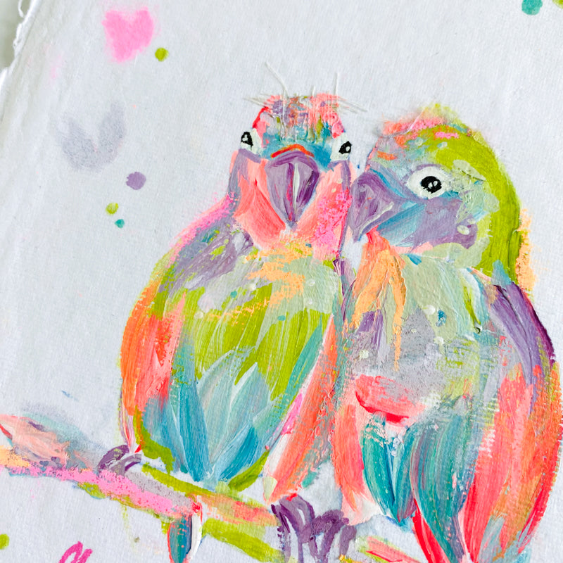 Small Vibrant Lovebirds 2 Painting on Handmade Paper