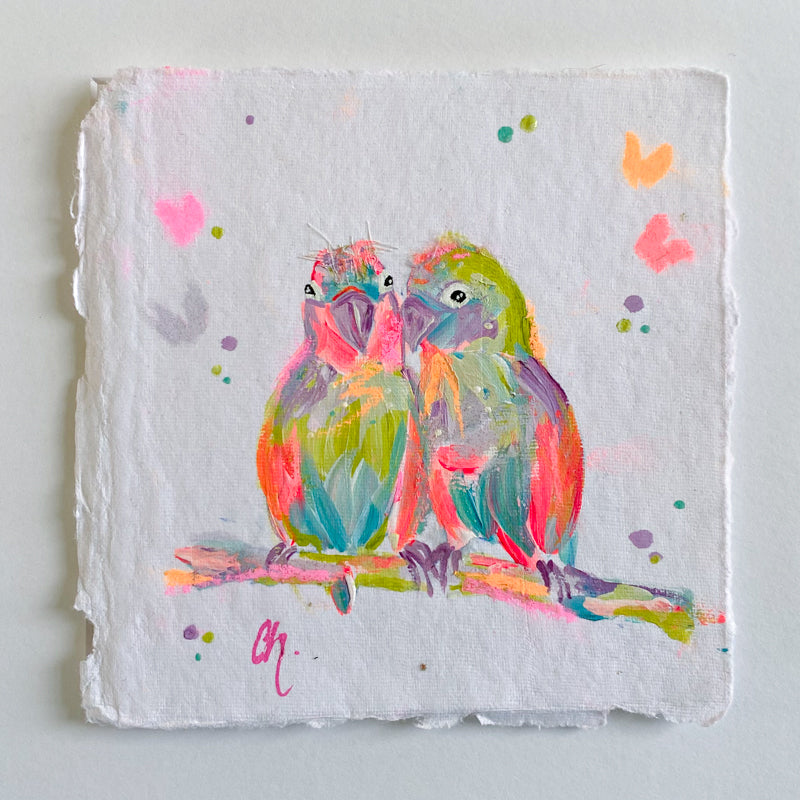 Small Vibrant Lovebirds 2 Painting on Handmade Paper