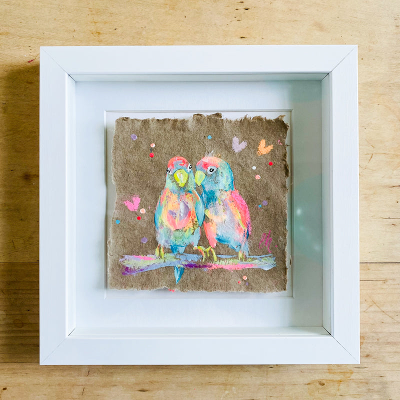 Small Vibrant Lovebirds 1 Painting on Handmade Paper