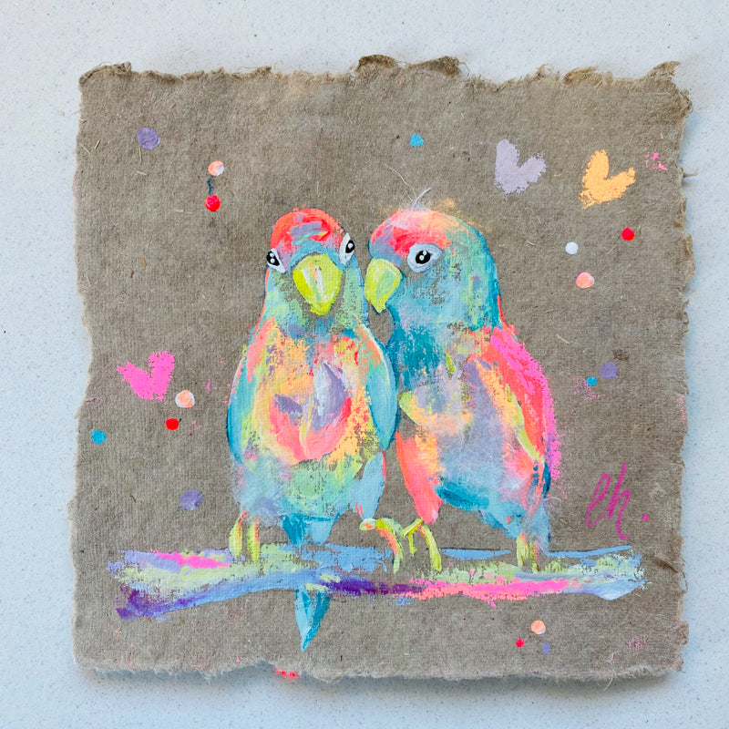 Small Vibrant Lovebirds 1 Painting on Handmade Paper